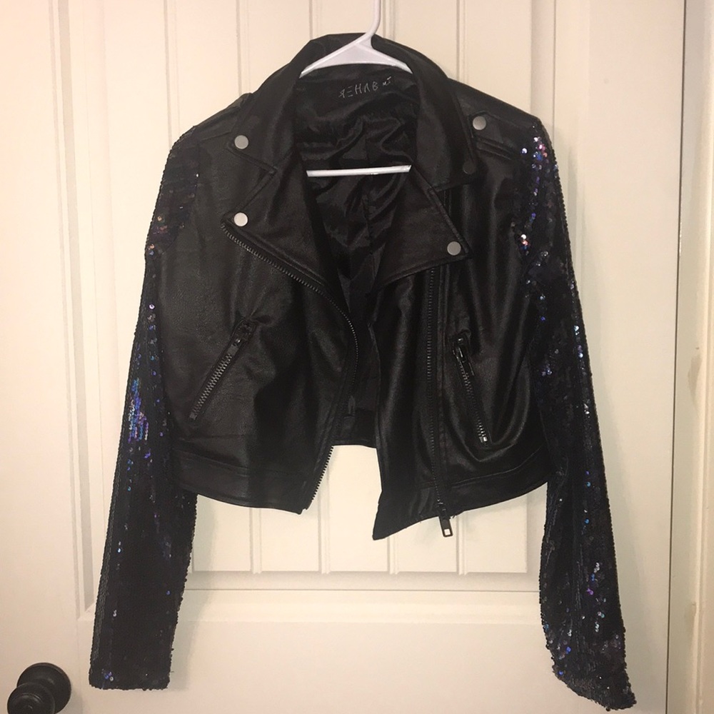 Faux leather moto jacket with sequin sleeves